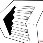 Line drawing of a 3D stairs optical illusion, ready to be colored as a free printable coloring page for kids and beginners
