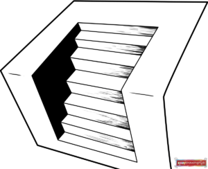 Line drawing of a 3D stairs optical illusion, ready to be colored as a free printable coloring page for kids and beginners