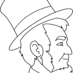 A beautifully illustrated, easy-to-color line drawing of Abraham Lincoln wearing his iconic tall top hat and suit, perfect for kids' history coloring activities.