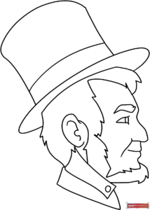 A beautifully illustrated, easy-to-color line drawing of Abraham Lincoln wearing his iconic tall top hat and suit, perfect for kids' history coloring activities.