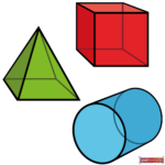 A beautifully colored and shaded illustration of a 3D cube, triangular prism, and cylinder from an easy drawing tutorial.