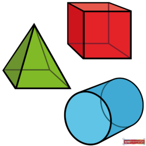 A beautifully colored and shaded illustration of a 3D cube, triangular prism, and cylinder from an easy drawing tutorial.