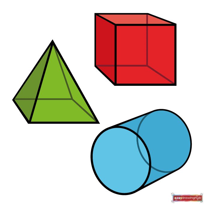 Fully colored 3D shapes drawing showing a blue cube, green prism, and red cylinder with realistic shading.