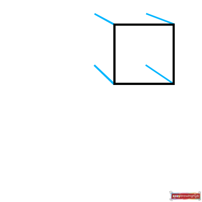 Illustration demonstrating how to draw diagonal lines from the corners of a square to create a 3D effect.