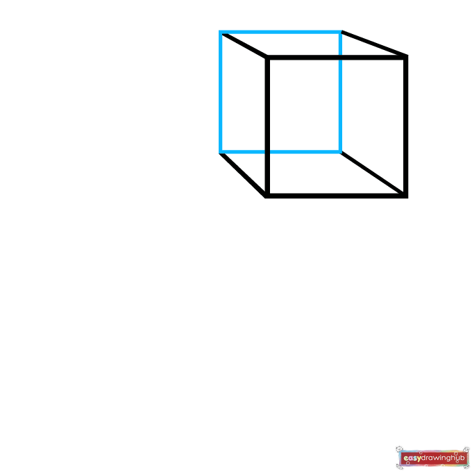 Step-by-step drawing guide showing the connected back square to finish the 3D cube outline.