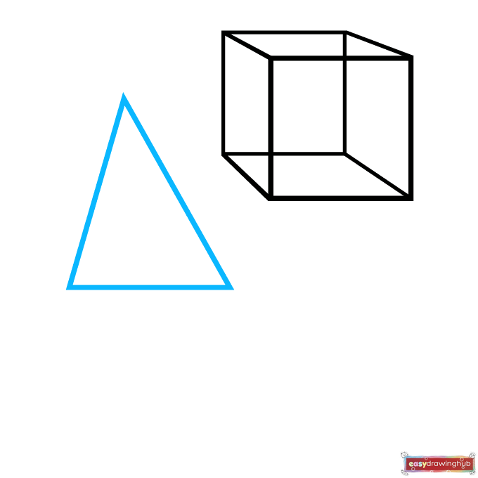 Easy drawing step showing a simple triangle outline for the front of a 3D prism.
