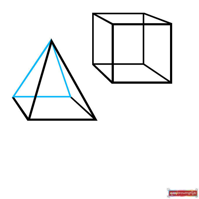 Drawing tutorial showing the final connected lines to complete a 3D triangular prism.