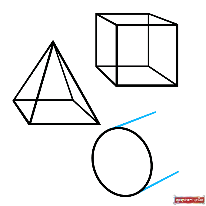 Step-by-step guide showing two straight lines extending from a circle to form a cylinder body.