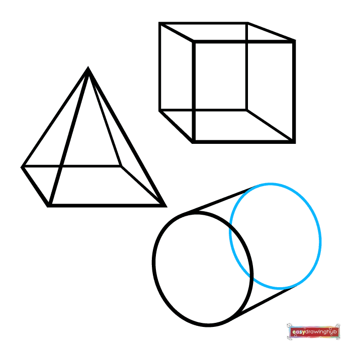 Line drawing showing the final circle added to the end of the straight lines to finish the 3D cylinder.