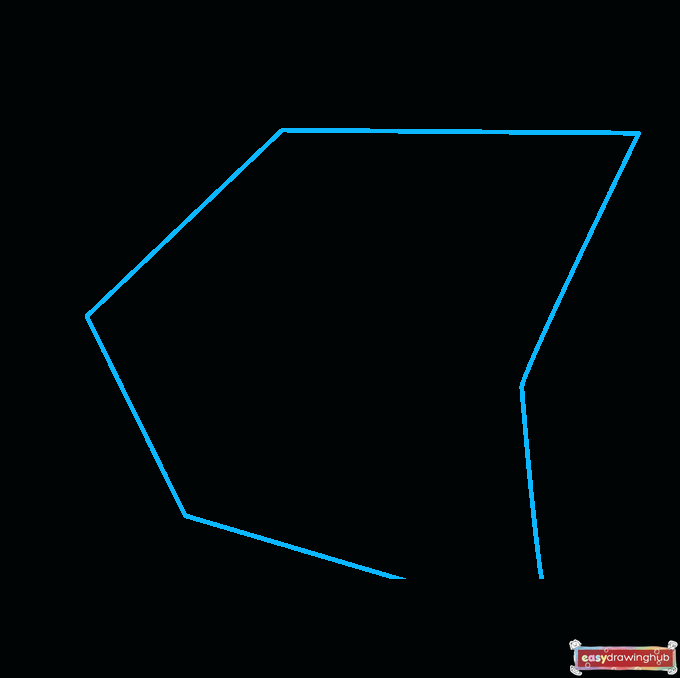 Line drawing showing the first step of drawing 3D stairs by outlining an irregular six-sided shape resembling an open book.