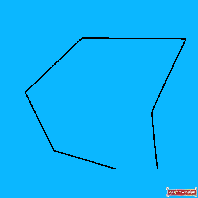 Illustration demonstrating how to draw a smaller irregular six-sided shape inside the first one to form the walls of the 3D stairs.