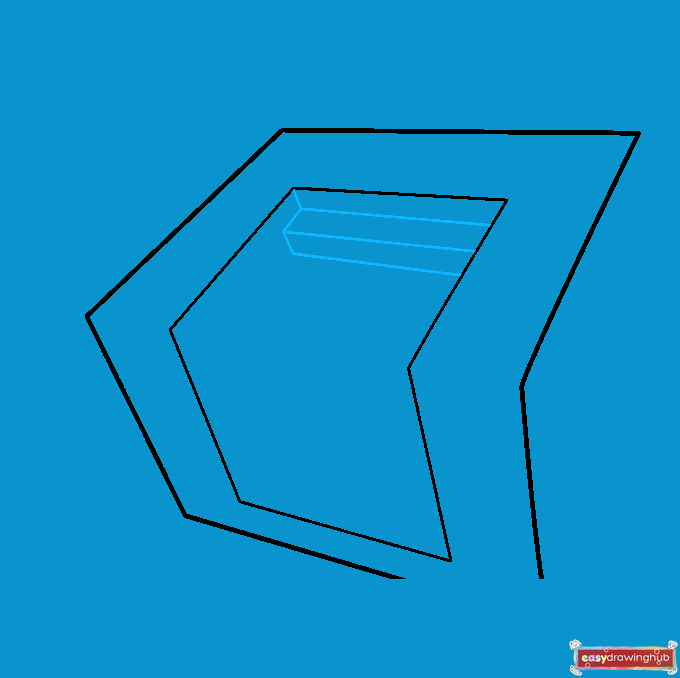 Step-by-step drawing guide showing how to add horizontal parallel lines and connect them with short vertical lines to create a zigzag pattern for the stairs.