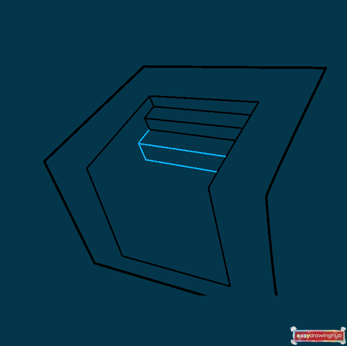 Drawing tutorial showing the continuation of the zigzag pattern and parallel lines to form more steps on the 3D staircase.