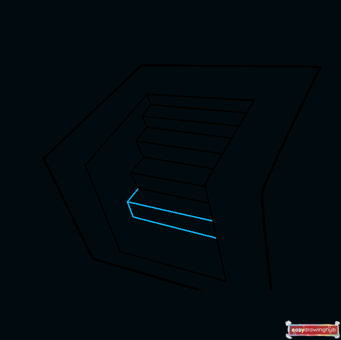 Line art showing the addition of another step to the 3D staircase, maintaining the zigzag pattern.