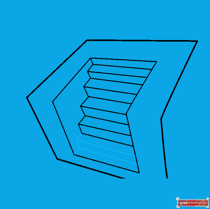 Illustration showing the completed outline of the steps reaching the bottom of the 3D staircase drawing.