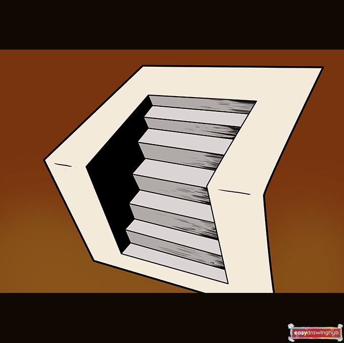 Final colored drawing of the 3D stairs optical illusion, showing completed shading and crisp outlines.
