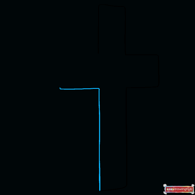 Line art showing an upside-down L shape forming the bottom and left arm of the 3D cross.