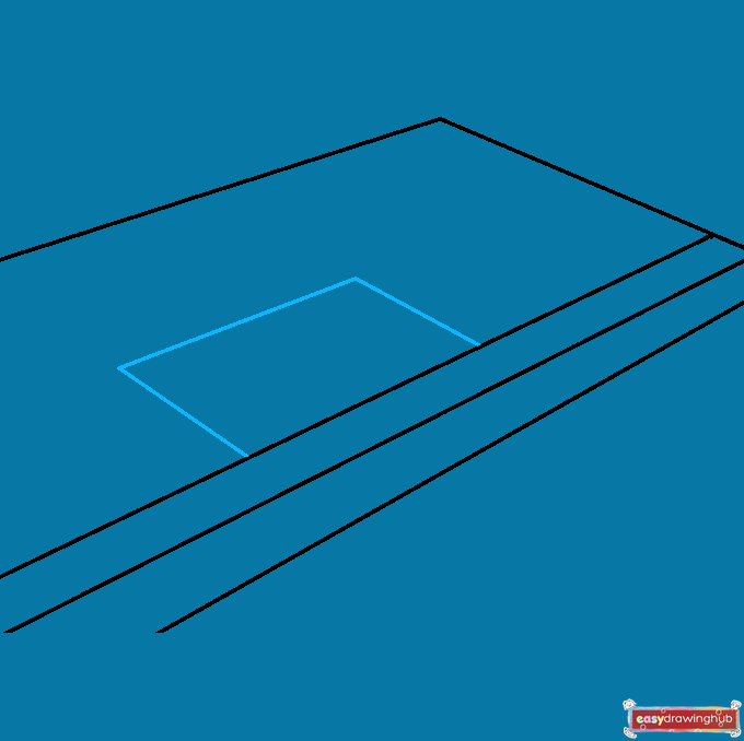 Step-by-step drawing showing three connected lines forming a rectangular cutout shape on the floorboards.