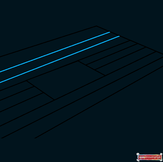 Drawing tutorial step showing the entire floor area filled with parallel diagonal lines to represent wooden boards.