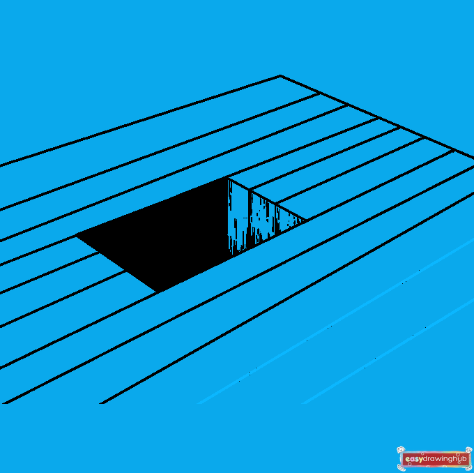 Line drawing demonstrating how to extend the parallel floorboard lines outward to complete the room's perspective.