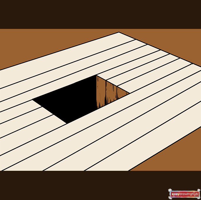 Final colored drawing of a 3D hole optical illusion with brown wooden floorboards and a dark, shaded center.