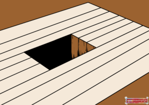 Completed easy drawing of a 3D hole optical illusion on wooden floorboards, perfect for beginners.