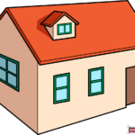 A beautifully colored, easy-to-draw 3D house featuring an orange roof, cream walls, and a front door, perfect for beginner artists.