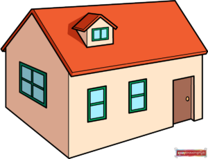 A beautifully colored, easy-to-draw 3D house featuring an orange roof, cream walls, and a front door, perfect for beginner artists.