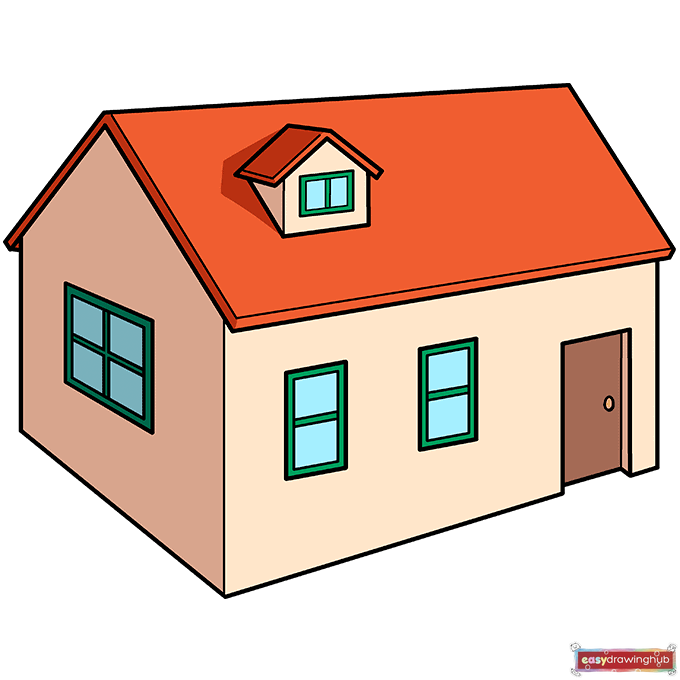 Completed, fully colored 3D house drawing featuring cream walls, an orange roof, and green window frames.