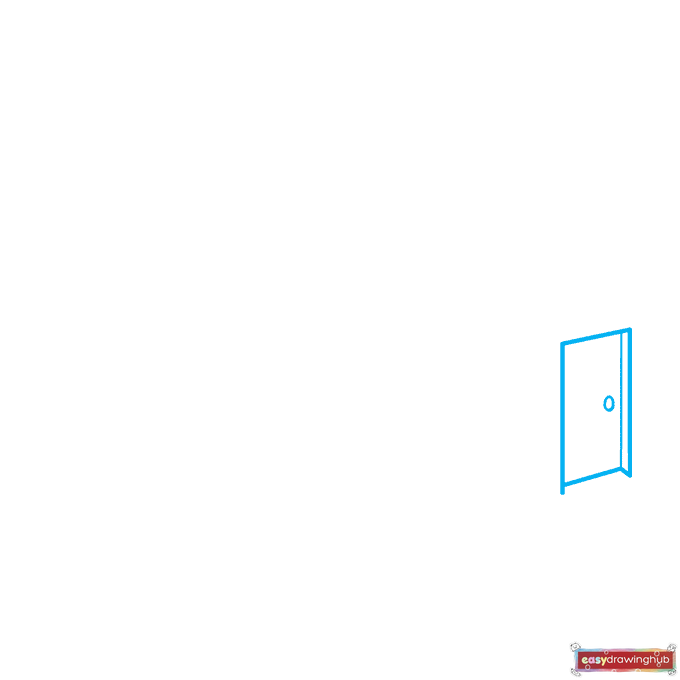 Line drawing showing how to sketch an angled rectangular door with a 3D frame and a small doorknob.