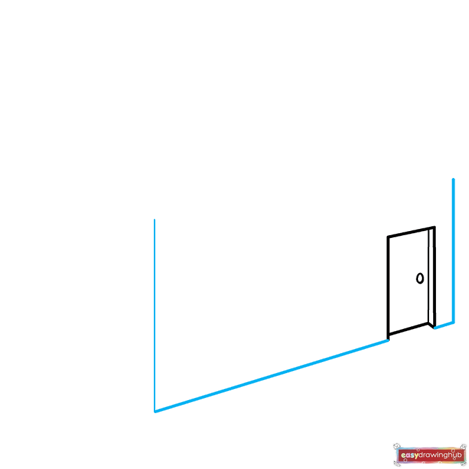 Step-by-step drawing showing diagonal and vertical lines added to the door to form the front wall of the 3D house.