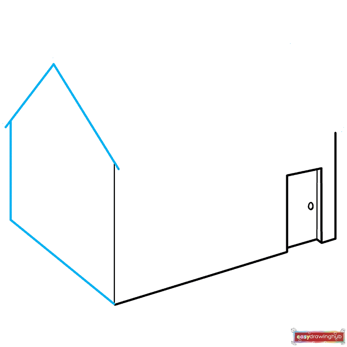 Illustration demonstrating how to draw the side wall and an upside-down V shape for the front roof of the cartoon house.