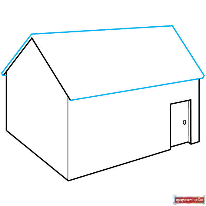 Drawing tutorial showing how to connect parallel diagonal lines to form the main slanted roof of the 3D house.