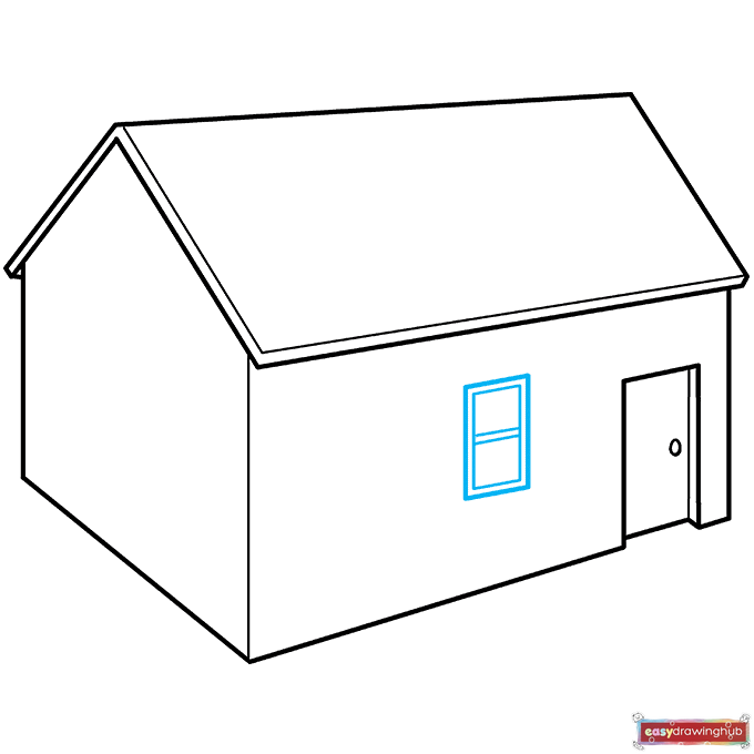 Easy drawing step showing a rectangular window with horizontal panes added to the side wall of the house.