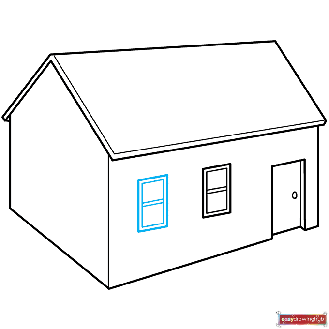 Step-by-step guide showing a second identical rectangular window drawn on the side wall of the 3D house.