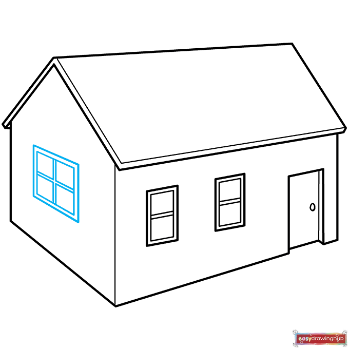 Illustration showing a large four-pane window drawn on the front wall of the 3D house.