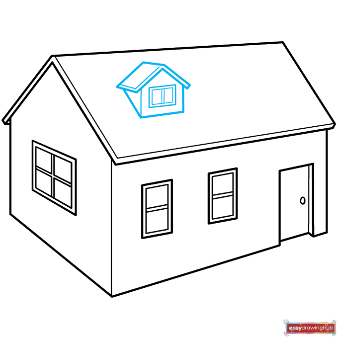 Line drawing showing how to sketch a 3D dormer window on the slanted roof of the cartoon house.