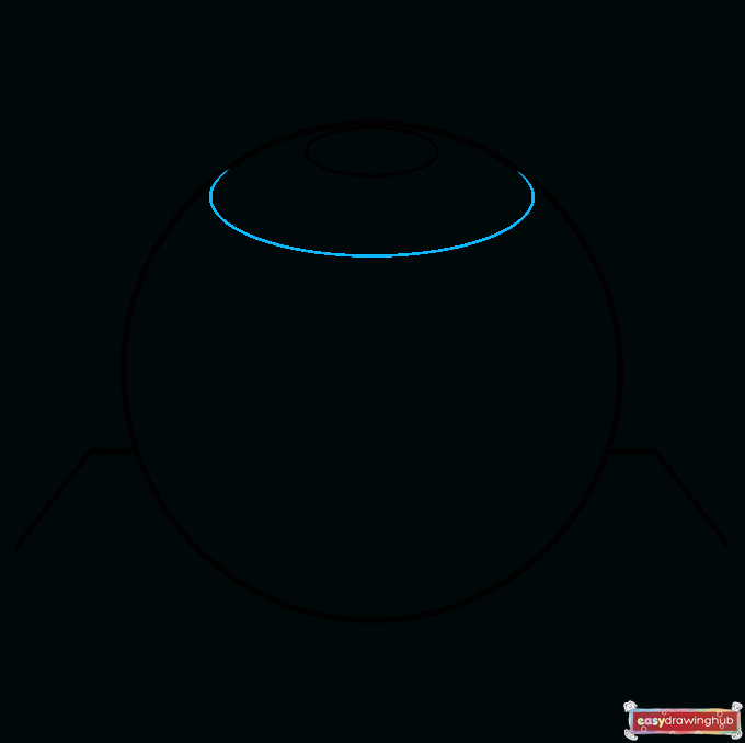 Line art showing a curved latitudinal line drawn just below the top oval of the sphere.