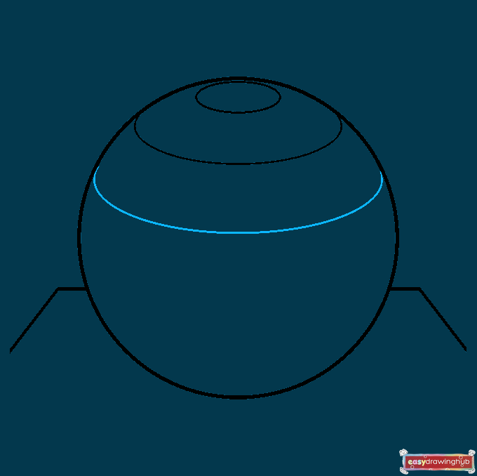 Drawing tutorial showing a second curved horizontal line across the middle of the 3D sphere.
