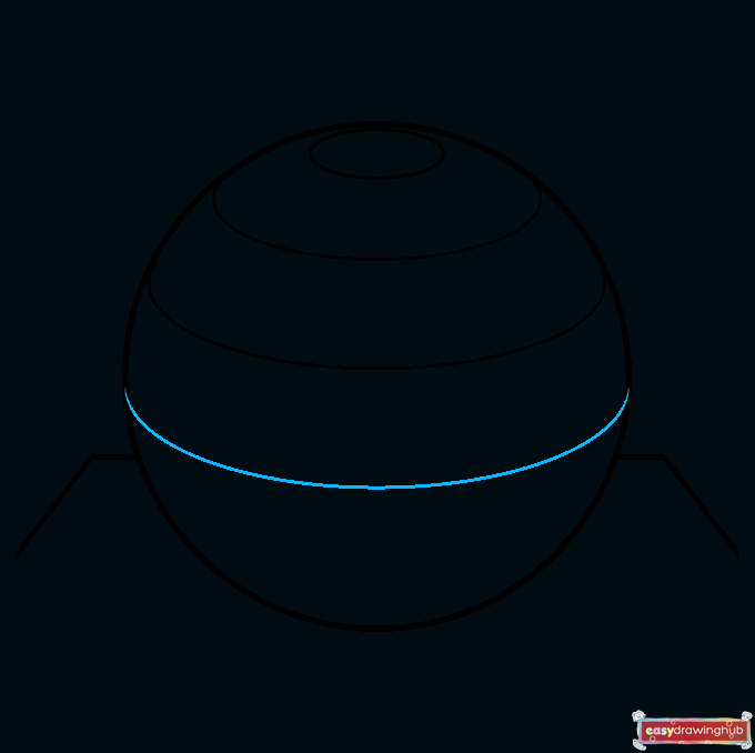Illustration of a third horizontal curved line added to the lower section of the 3D sphere.