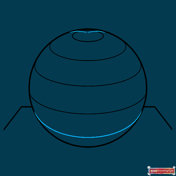 Step showing the final bottom curved line and two small details added to the top oval of the sphere.