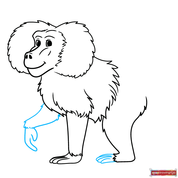 Drawing instruction showing the addition of the second front leg and paw tucked behind the first one.