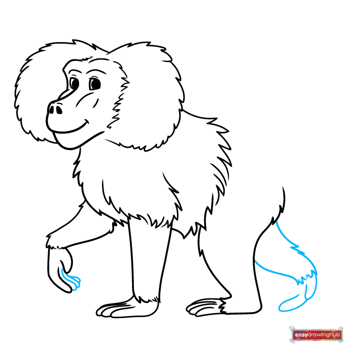 Line drawing illustrating how to sketch the second rear leg and foot behind the baboon's body.