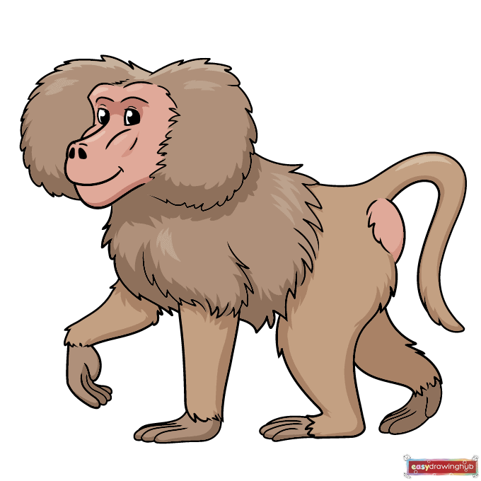 Fully colored illustration of the cartoon baboon showing tan fur and a pinkish-gray face and paws.