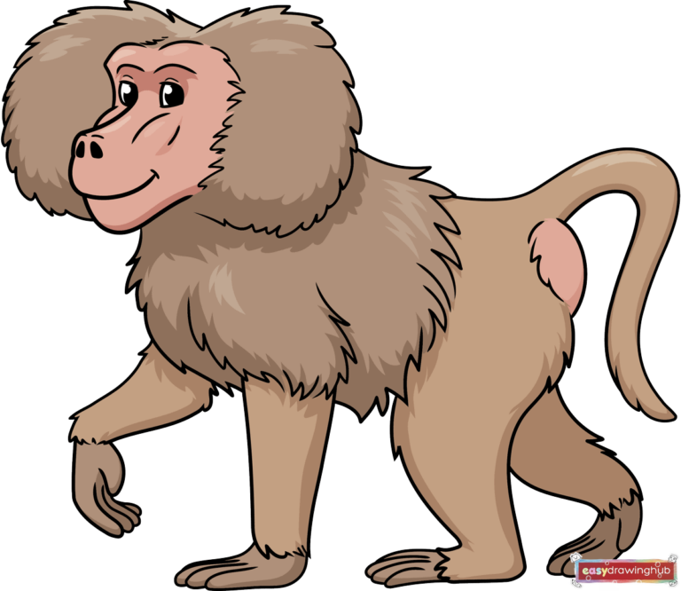 A fully colored, easy step-by-step drawing of a cute cartoon baboon, perfect for kids and beginners.