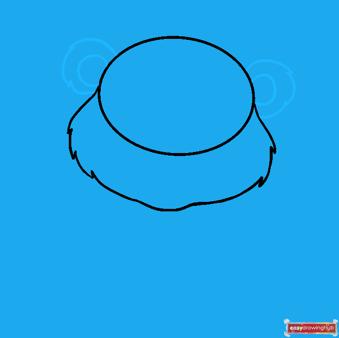 Step-by-step drawing showing the addition of smooth inner ears and fluffy outer ears on the bear's head.