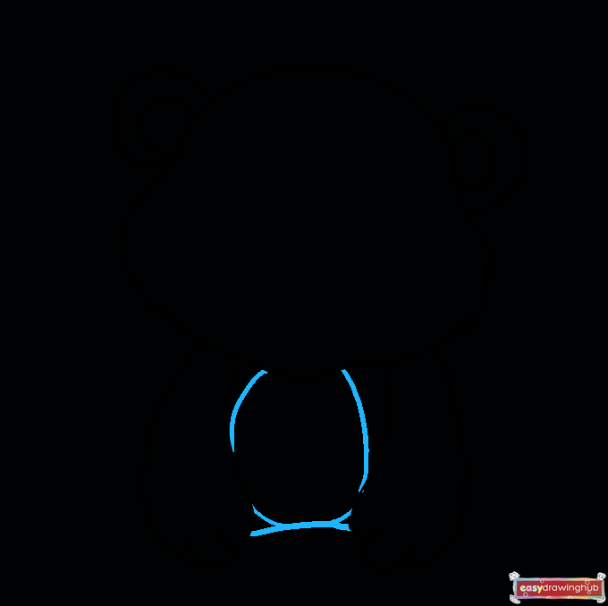 Visual guide displaying a curved line between the paws and an oval shape for the baby bear's belly.