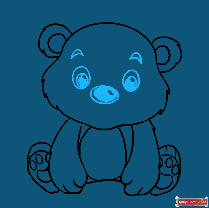 Step showing the addition of shaded eyes with highlights, eyebrows, and a cute button nose to the bear's face.