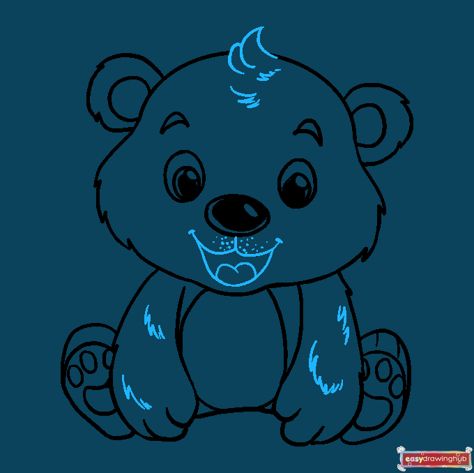 Final outline of the baby bear showing the smiling mouth, tongue, whisker dots, and a tuft of hair on the head.