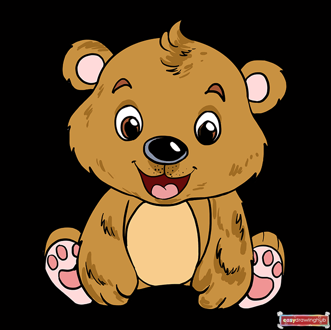Fully colored illustration of a cute brown baby bear sitting down, completing the drawing tutorial.